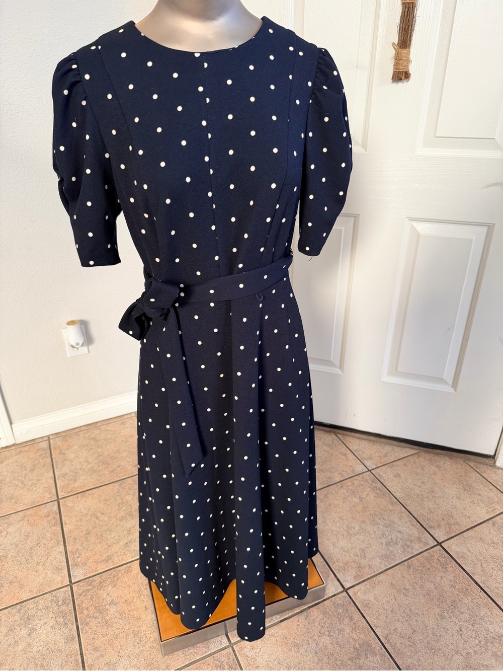 Dkny Navy Polka Dot Midi Dress with Tie Belt